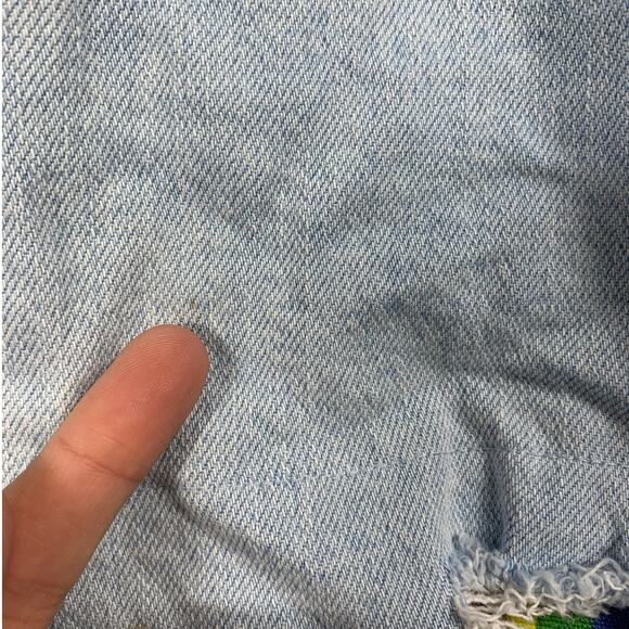 Overall Shorts Womens Medium Blue Denim Jeans Rainbow Details Festival Casual - Picture 12 of 15